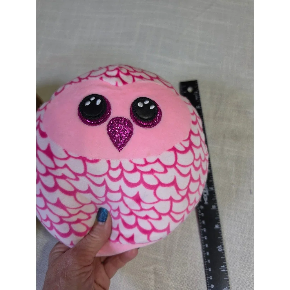 Ty Squish-a-Boos Pinky the Owl Pink White Scalloped Plush 9 Inch Round Toy